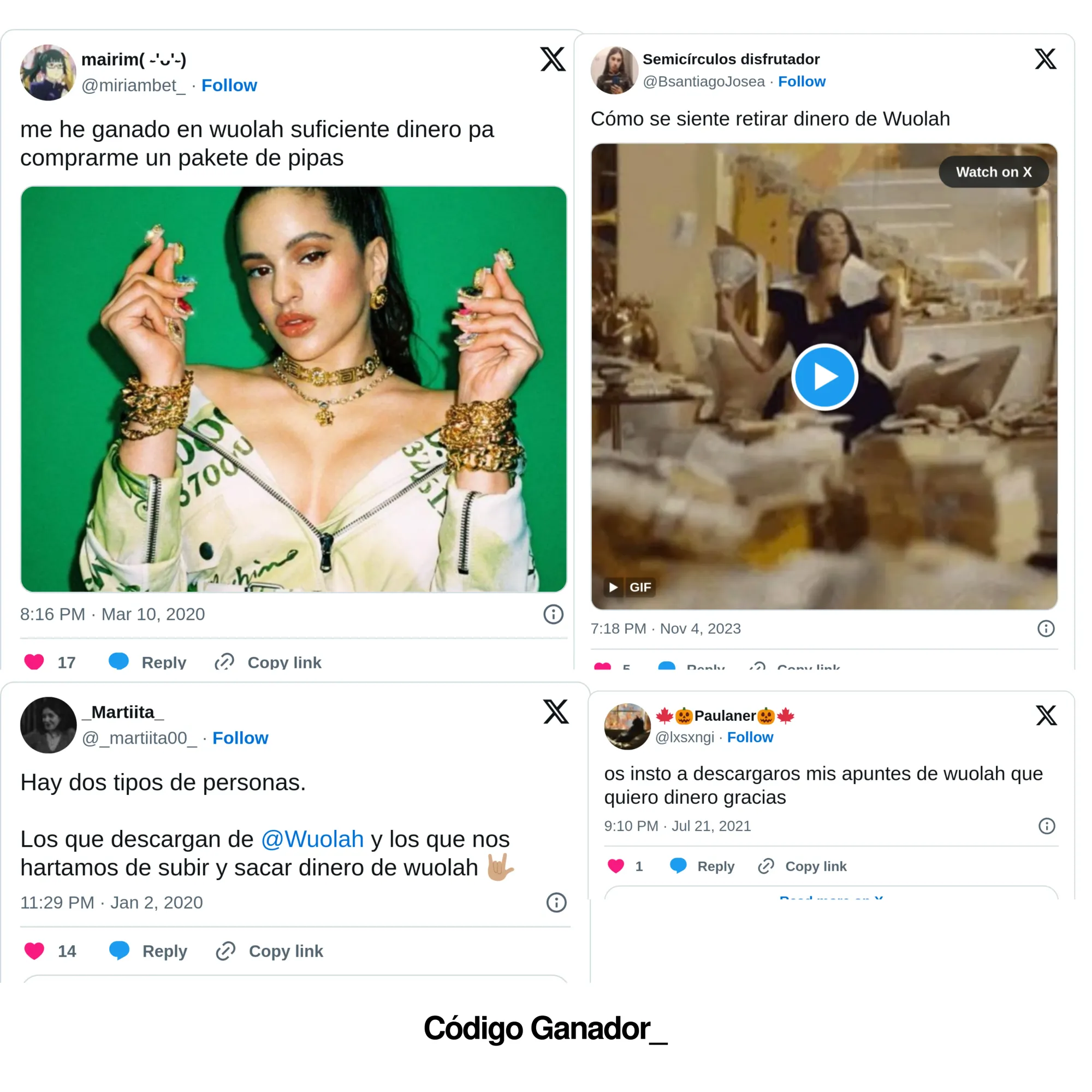 Tweets de usuarios de Wuolah hablando de sus ganancias económicas